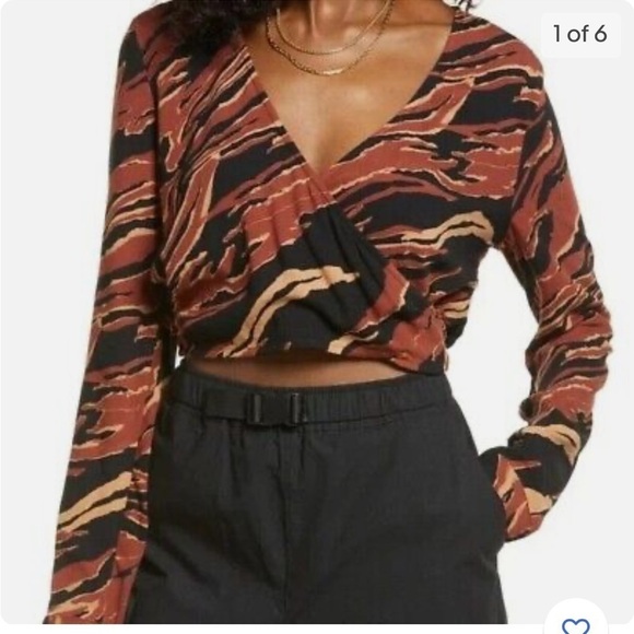 BP burnout tiger stripe wrap long sleeve brown crop top S NWT - Picture 1 of 4